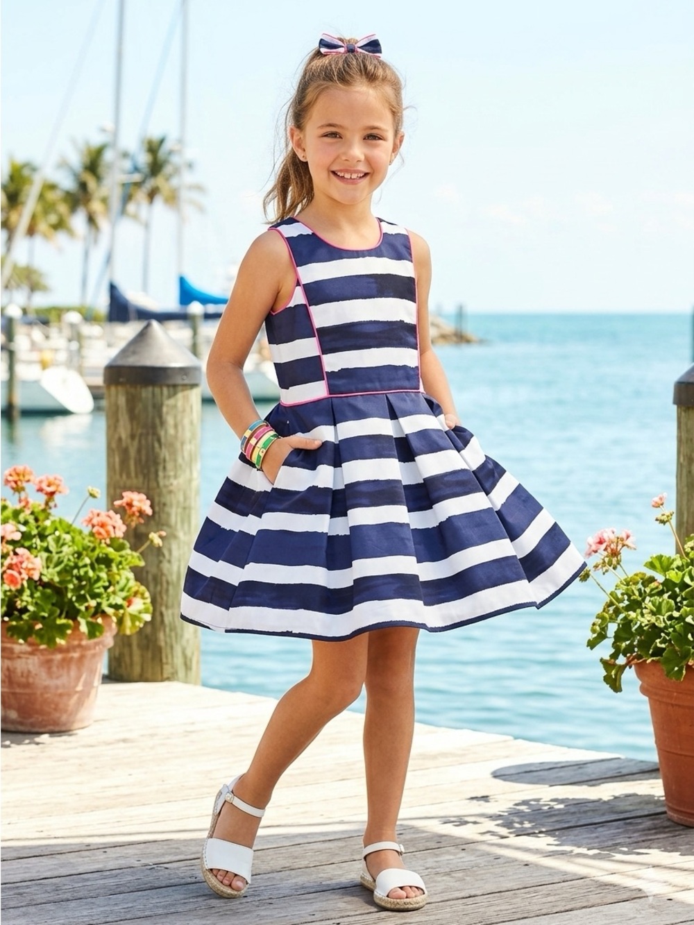Isaac Mizrahi New York Navy and White Striped Dress with Pink Trim